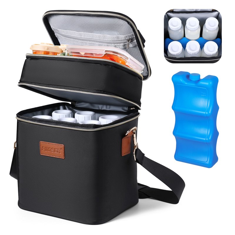 Breastmilk Cooler Bag Insulated with Ice Pack, Holds 6 Bottles Up to 9 Ounce, Waterproof Leak-Proof Double Layer Bottle Tote with Strap for Nursing & Working Moms Black