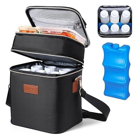 Breastmilk Cooler Bag Insulated with Ice Pack, Holds 6 Bottles Up to 9 Ounce, Waterproof Leak-Proof Double Layer Bottle Tote with Strap for Nursing & Working Moms Black