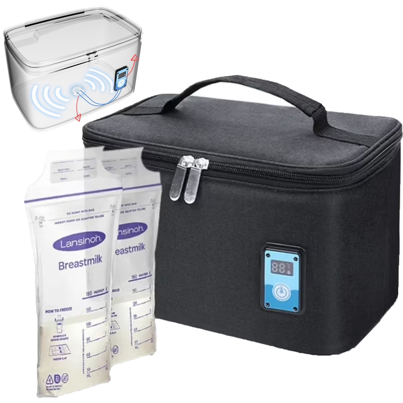 Breastmilk Cooler Bag with Ice Pack Fits 6 Baby Bottles, Baby Bottle Bag with Temperature Display for Nursing Mom Daycare, Black