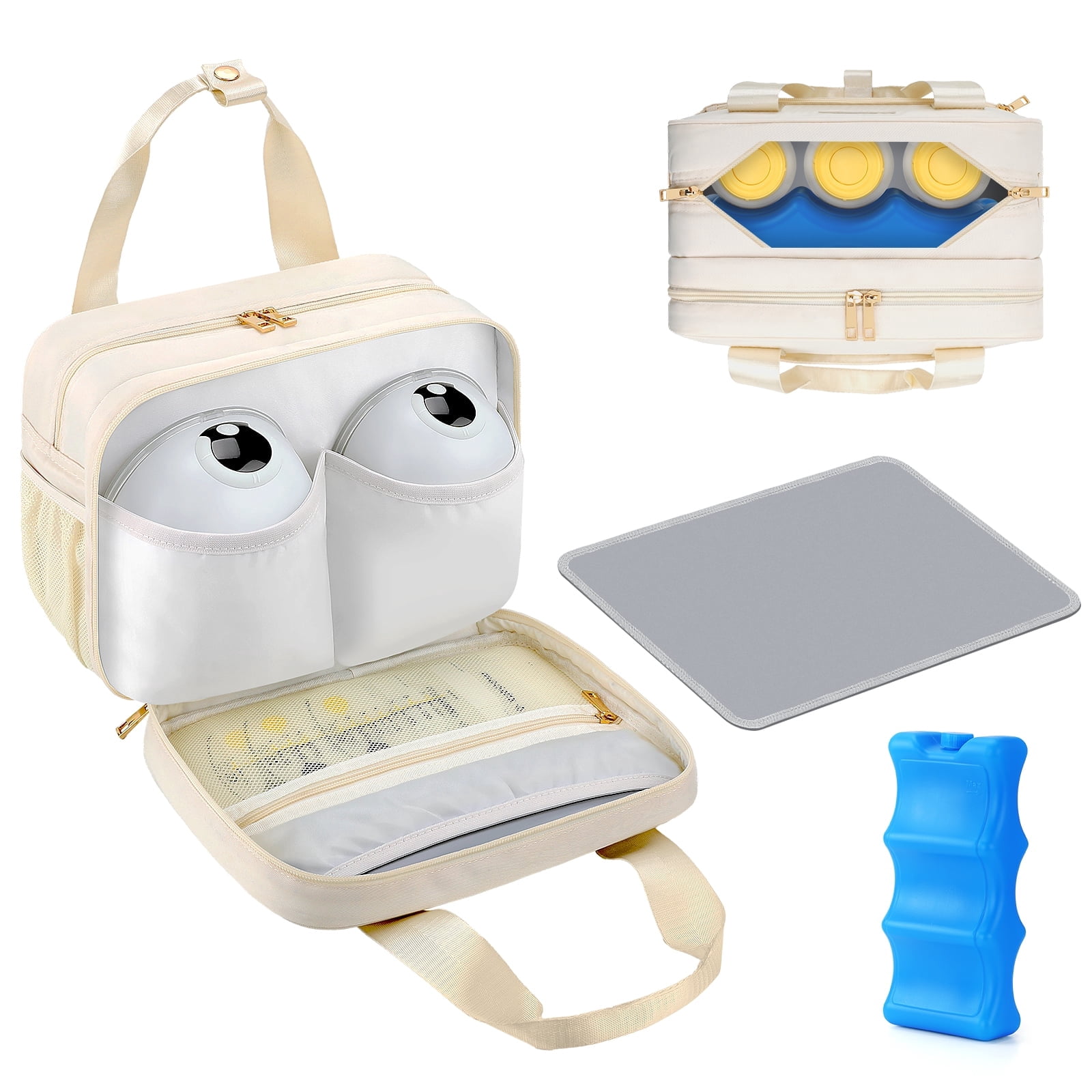 Breastmilk Cooler Travel Bag with Ice Pack, Compatible with Wearable Breast Pumps & Accessories - Portable Hands Free Breast Pump Carrying Case for Nursing & Working Moms, Cream