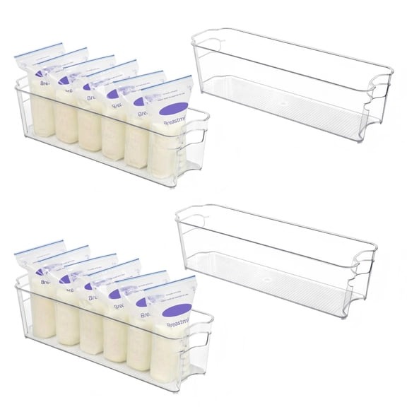 Breastmilk Storage Container 4PCS Set, Clear Freezer and Fridge Organizer Bins, Plastic Storage Bins for Breast Milk, Baby Pouches, Formula, Bottles and Yogurts, 4.3 Width, 14.7" Long