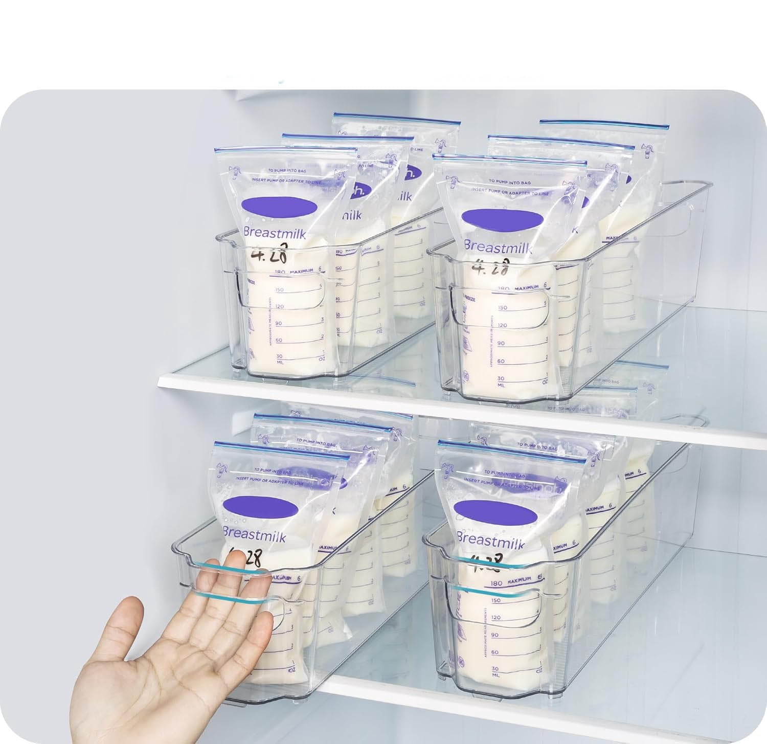 Breastmilk Storage Container Set, Clear Freezer and Fridge Organizer Bins, Plastic Storage Bins for Breast Milk, Pouches, Formula, Bottles and Yogurts