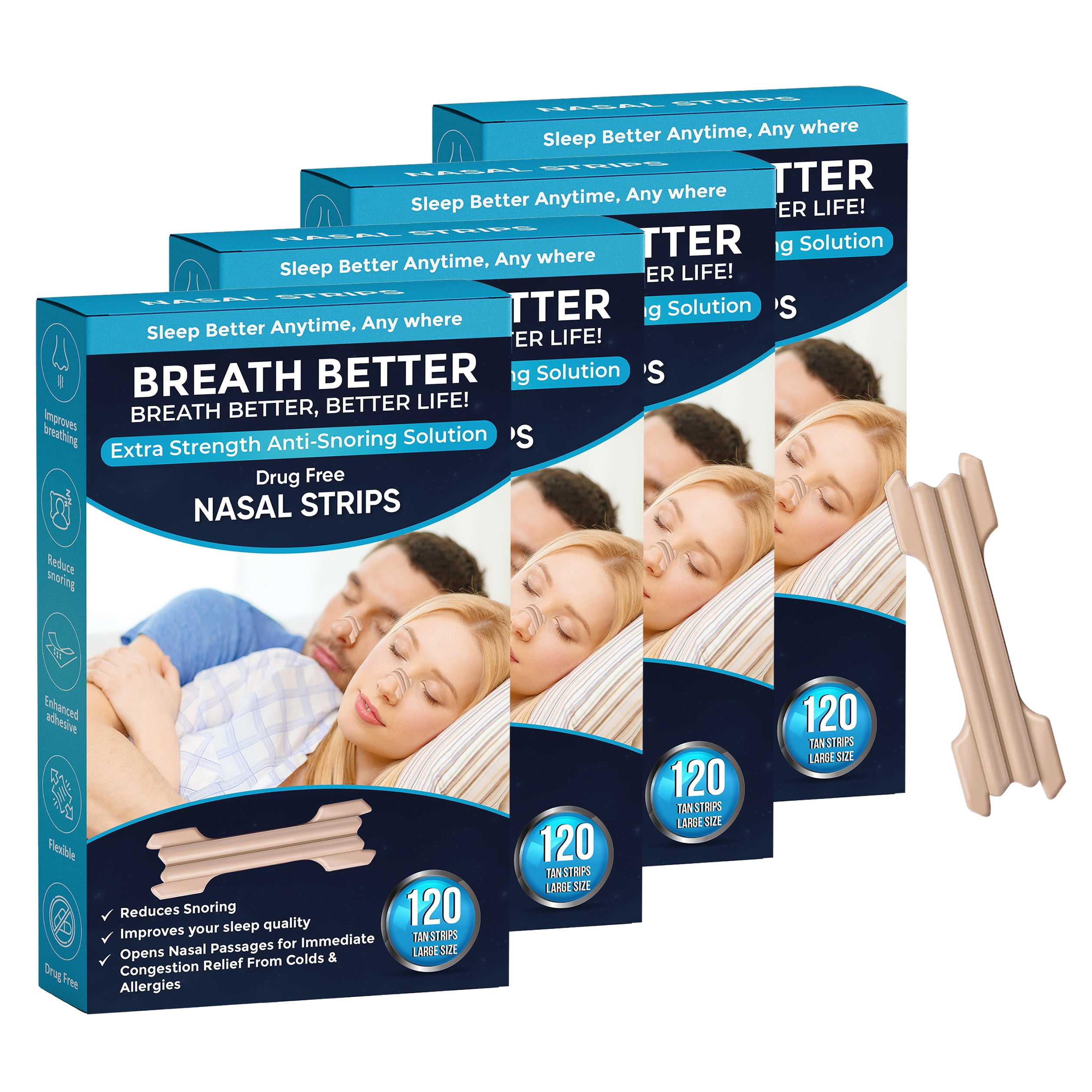 Breath Better Large Tan Nasal Strips, Extra Strength Anti Snoring Solution,Drug-Free,Works Instantly to Improve Sleep, Reduce Snoring,Relief Congestion Caused by Colds & Allergies 480 Pieces