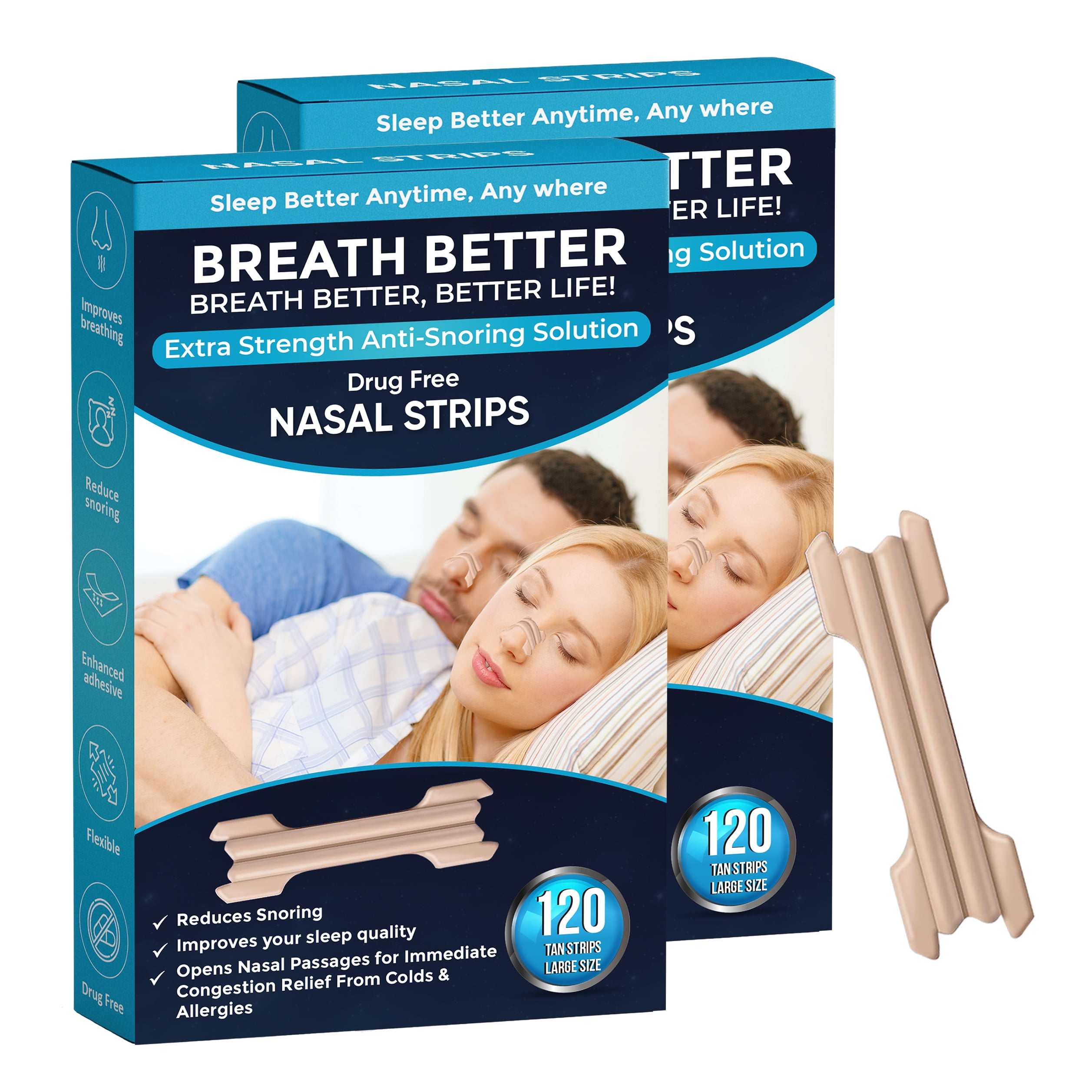 Breath Better Large Tan Nasal Strips, Extra Strength Anti Snoring Solution,Drug-Free,Works Instantly to Improve Sleep, Reduce Snoring,Relief Congestion Caused by Colds & Allergies 240 Pieces