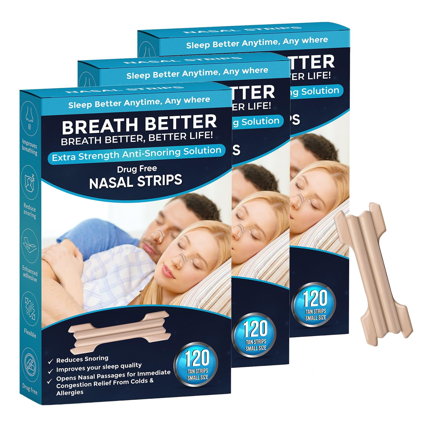 Breath Better Small Tan Nasal Strips, Extra Strength Anti Snoring Solution,Drug-Free,Works Instantly to Improve Sleep, Reduce Snoring,Relief Congestion Caused by Colds & Allergies 360 Pieces