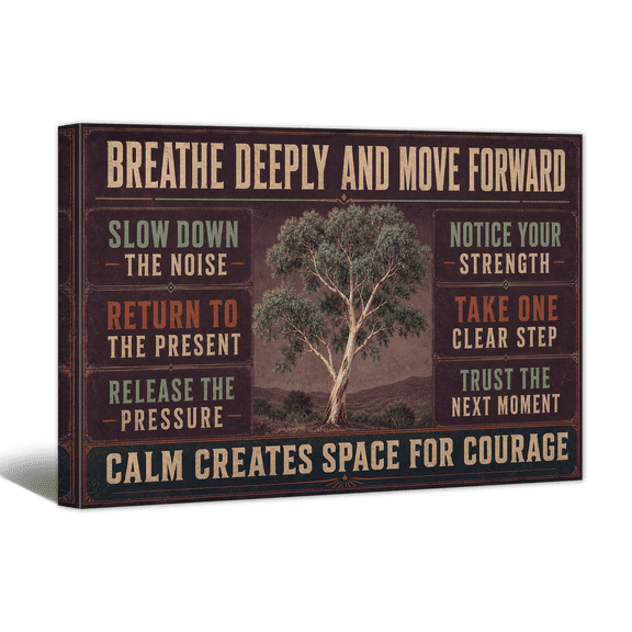Breath Deeply Move Forward Canvas Wall Art Motivational Quote Picture Print, Positive Retro Artwork Affirming Tree Painting for Home Living Room Bedroom Office Decor