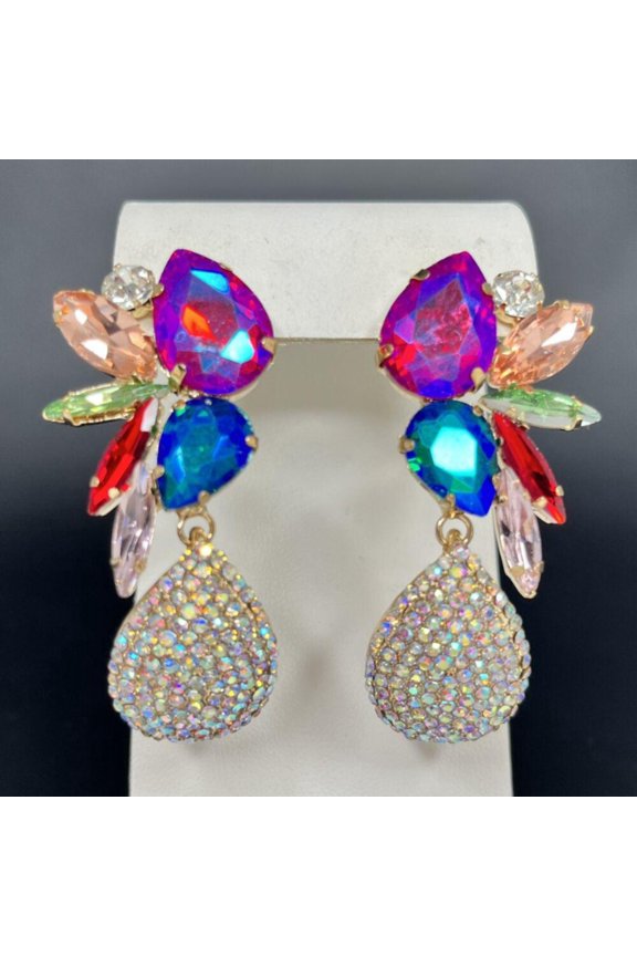 Breath Rhinestone Statement Earrings Clear Crystal Fruit Salad Piercings -