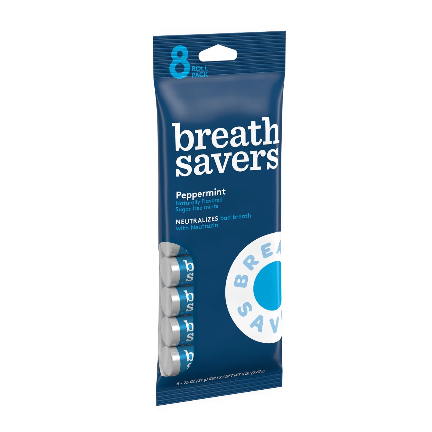 Breath Savers Peppermint Flavored Sugar Free Breath Mints, Rolls 0.75 oz, 8 Count