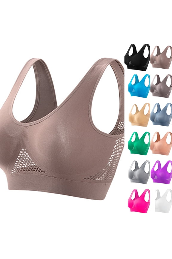 Breathable Anti-Sagging Sports Bra for Women Plus Size Wireless Bras with Cooling Lift-Up Air Tech Mesh High Support,Light Brown,2XL