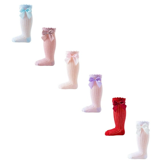 Breathable Baby Socks Spanish Hollow Knit Mid Calf Socks With Bow For Girls Boys Spring Summer Comfortable *6PCS(Pink & Purple & Blue & White & Light Pink & Red,4Y)