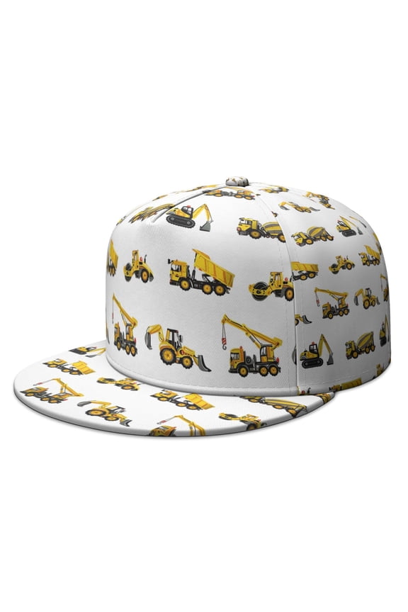 Breathable Baseball Cap – Construction Truck & Fire Truck Print, Flat Brim Adjustable Snapback Hat for Boys, Teens, Outdoor Activities
