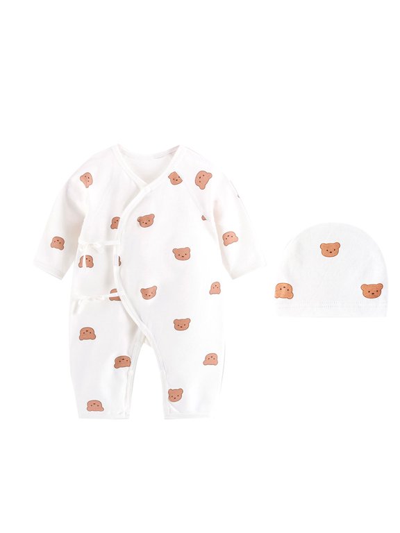 Breathable Bear Jumpsuit Hospital Hat Spring Outfit Long Sleeves Bodysuits for Baby Girls Boys Unisex Coveralls