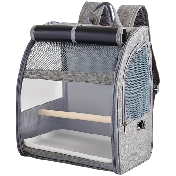 Breathable Bird Backpack Carrier, Gray Pet Travel Cage with Mesh Window, Large Space Parrot Backpack for Cockatiel Pigeons, Portable Bird Cage with Removable Perch & Tray 12.2 x 9.6 x 15 in