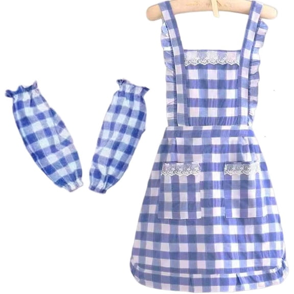 Breathable Blue Checkered Apron, Poly Cotton Blend with Detachable Sleeve Covers, for Professional Cooking and Catering