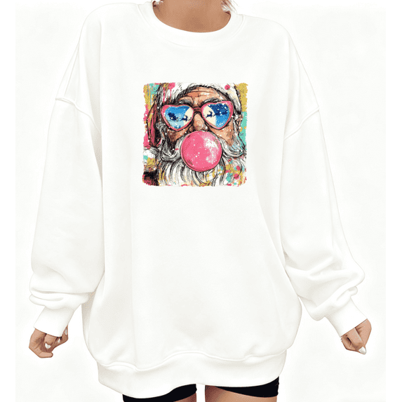 Breathable Bubble Gum Santa Christmas Graphic Tee T-Shirt Top Print Round-neck long-sleeved white S-3XL