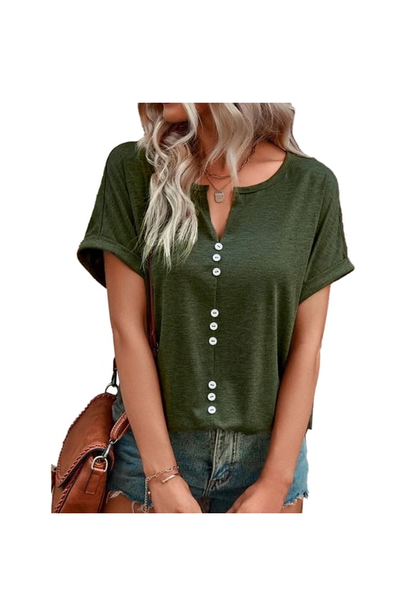 Breathable, Button Front, Casual Style XXL OD Green Summer V-Neck Short Sleeve Tee Bienvenido