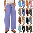thumbnail image 1 of Breathable Casual Trousers for Women Solid Stripe Elastic Loose Wide Leg Trousers With Pocket Relaxing at Home Clothes, 1 of 7