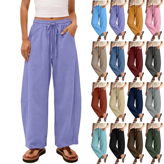 Breathable Casual Trousers for Women Solid Stripe Elastic Loose Wide Leg Trousers With Pocket Relaxing at Home Clothes