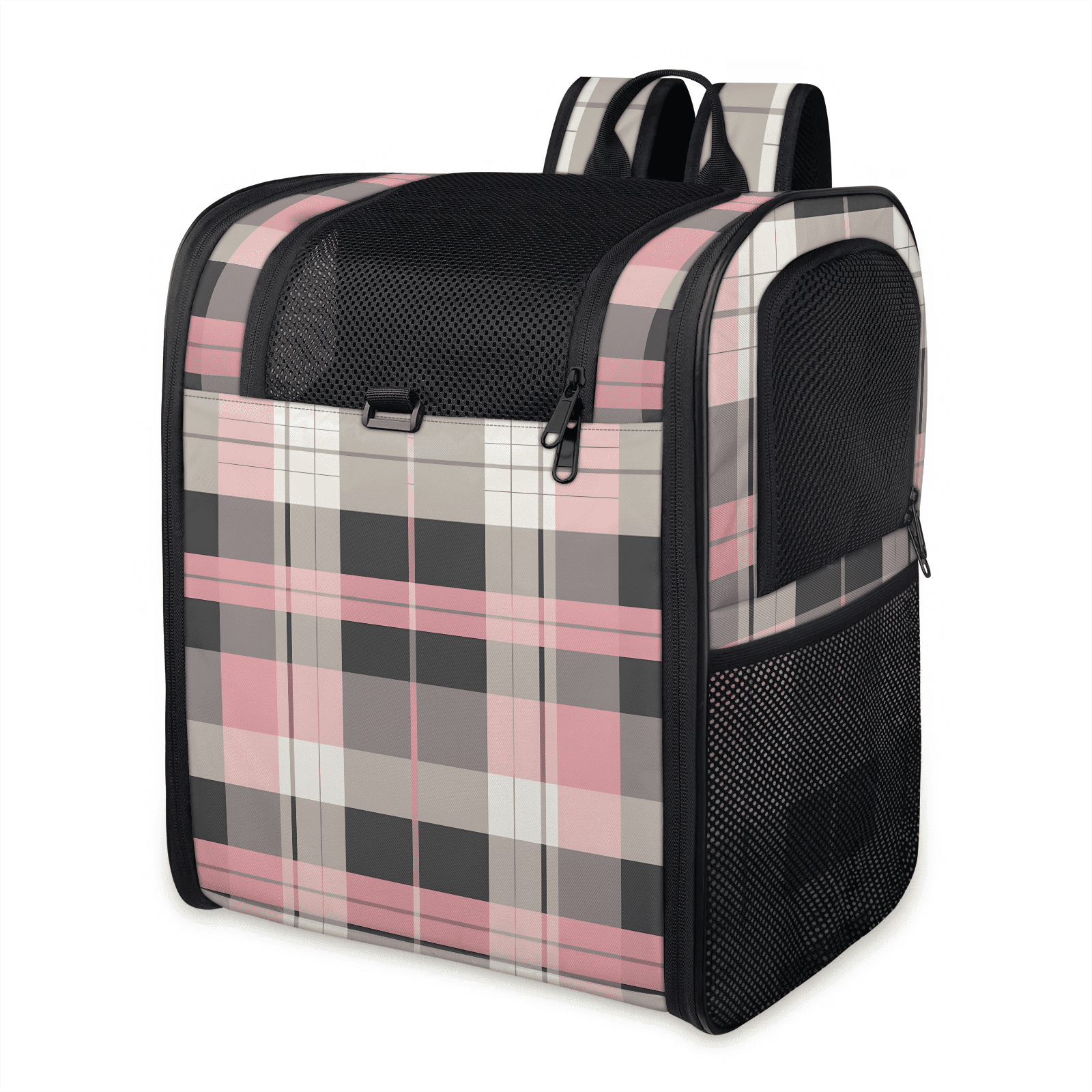 Breathable Cat Backpack Carrier for Small Cat & Dog up to 13 lb,Soft Sided Dog Backpack Carrier for Hiking, Walking, Travel,Pink Plaid Design