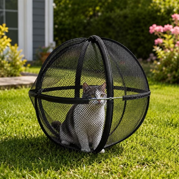Breathable Cat Exercise Sphere, 27 Inch Foldable Mesh Rolling Cat Playpen Ball with SelfLocking Zipper & Storage Pouch, Portable Indoor Outdoor Pet Enclosure for Yard Patio Lawn Travel