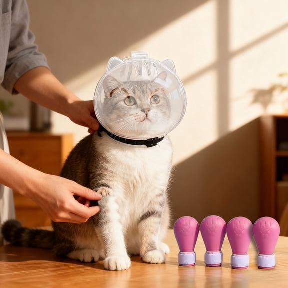 Breathable Cat Grooming , Anti-Bite Transparent Head Cover with 4 Silicone Paws for Nail Cutting in The Bathroom