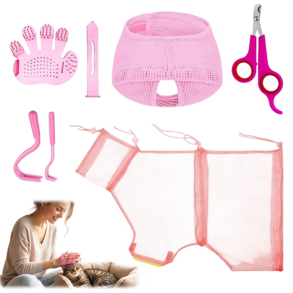 Breathable Cat Shower Bag Set: 6-Piece Pet Grooming Supplies with Massage Brush, Clippers and Mesh Net