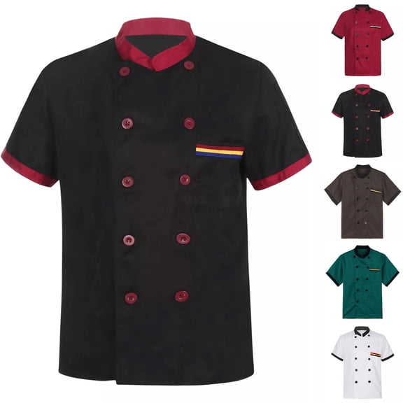 Breathable Chef Coat for Men Short Sleeve Double Breasted Button Closure Uniform Contrast Trim Food Service Jacket ,L,#01 Black