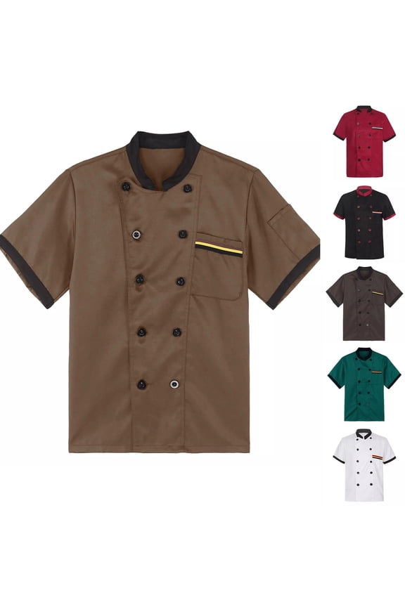 Breathable Chef Coat for Men Short Sleeve Double Breasted Button Closure Uniform Contrast Trim Food Service Jacket ,L,#01 Coffee