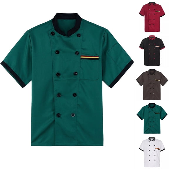 Breathable Chef Coat for Men Short Sleeve Double Breasted Button Closure Uniform Contrast Trim Food Service Jacket ,L,#01 Green