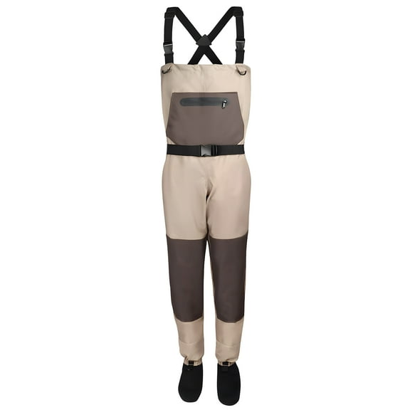Breathable Chest Waders for Men & Women, 3-Ply Nylon/PVC Waterproof Fishing Hunting Waders with Pockets and Neoprene Stocking for 4 Seasons Fly Fishing Beige