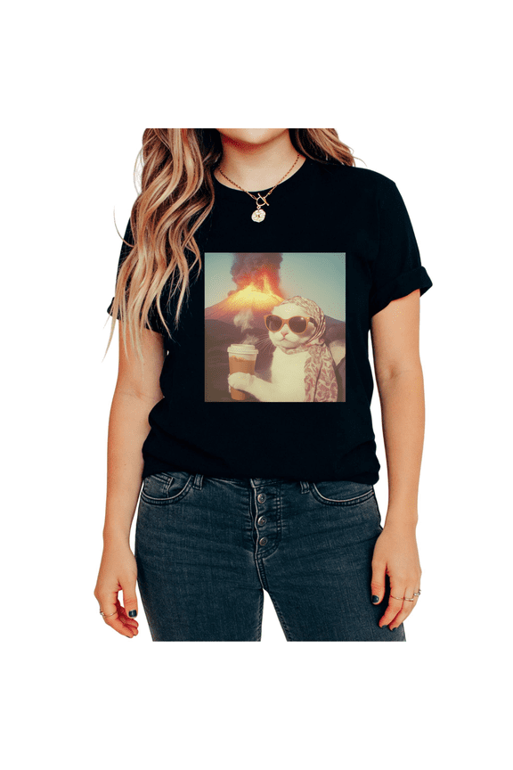 Breathable Cool Cat With Coffee Volcano Retro Funny Graphic Tees T-shirt Tops Short Sleeve Round Neck Black S-5XL