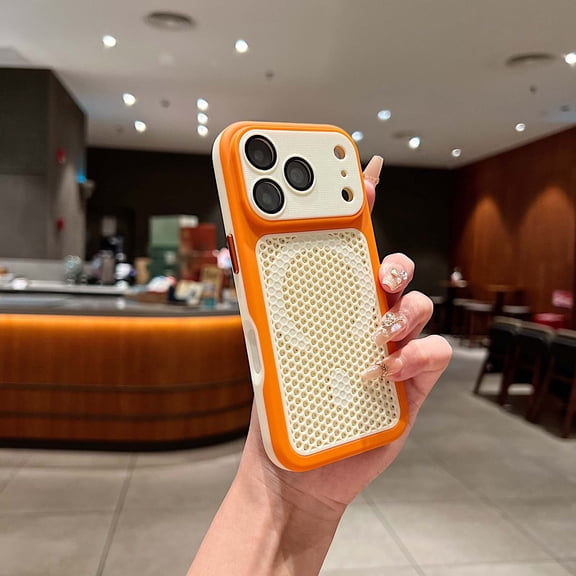 Breathable Cooling Case for iPhone 17 Pro Max, Compatible with MagSafe, Mesh Heat-Dissipating Design, Ultra Slim & Shockproof Protective Phone Cover, Orange