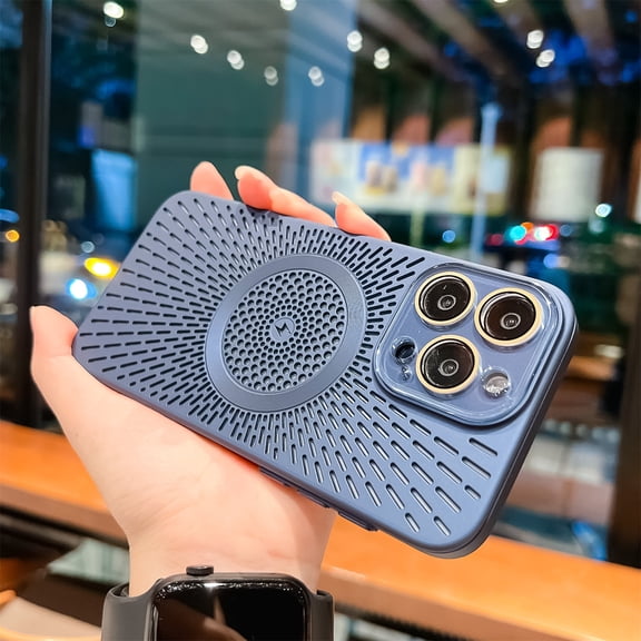 Breathable Cooling Magnetic Case Compatible with iPhone 12 Pro Max, Hollow Out Mesh Design for Heat Dissipation, Slim Electroplated Luxury Cover, Strong Magnet Support Wireless Charging,Darkblue