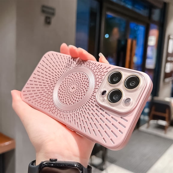 Breathable Cooling Magnetic Case Compatible with iPhone 13, Hollow Out Mesh Design for Heat Dissipation, Slim Electroplated Luxury Cover, Strong Magnet Support Wireless Charging,Pink