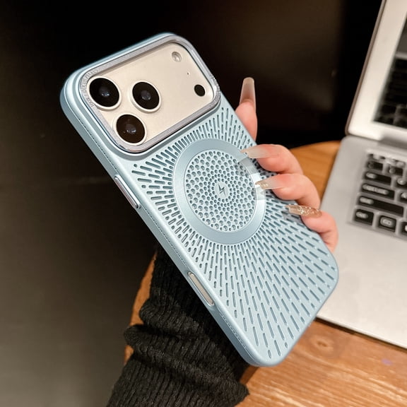 Breathable Cooling Magnetic Case Compatible with iPhone 17, Hollow Out Mesh Design for Heat Dissipation, Slim Electroplated Luxury Cover, Strong Magnet Support Wireless Charging,Blue