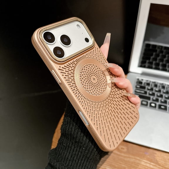 Breathable Cooling Magnetic Case Compatible with iPhone 17, Hollow Out Mesh Design for Heat Dissipation, Slim Electroplated Luxury Cover, Strong Magnet Support Wireless Charging,Desertgold