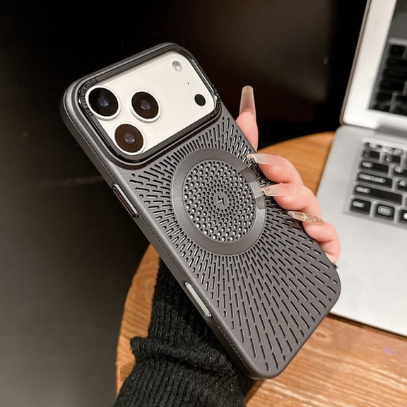 Breathable Cooling Magnetic Case Compatible with iPhone 17, Hollow Out Mesh Design for Heat Dissipation, Slim Electroplated Luxury Cover, Strong Magnet Support Wireless Charging,Black