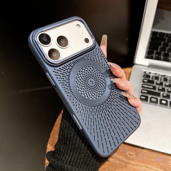 Breathable Cooling Magnetic Case Compatible with iPhone 17 Pro, Hollow Out Mesh Design for Heat Dissipation, Slim Electroplated Luxury Cover, Strong Magnet Support Wireless Charging,Darkblue