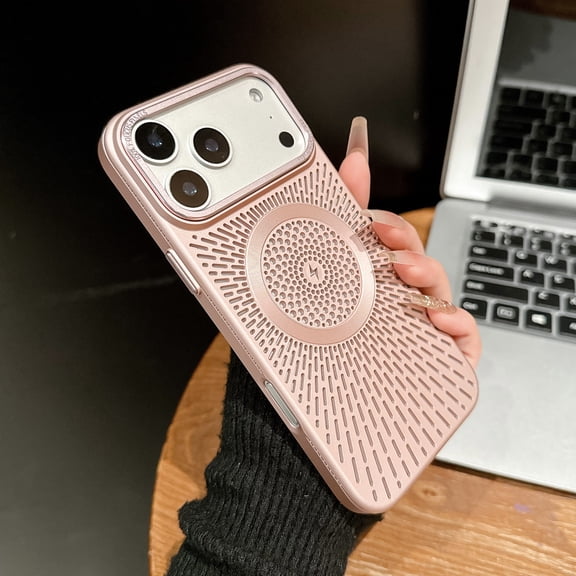 Breathable Cooling Magnetic Case Compatible with iPhone 17 Pro, Hollow Out Mesh Design for Heat Dissipation, Slim Electroplated Luxury Cover, Strong Magnet Support Wireless Charging,Pink