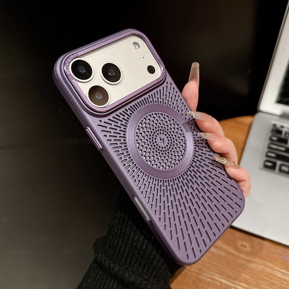 Breathable Cooling Magnetic Case Compatible with iPhone 17 Pro, Hollow Out Mesh Design for Heat Dissipation, Slim Electroplated Luxury Cover, Strong Magnet Support Wireless Charging,Darkpurple