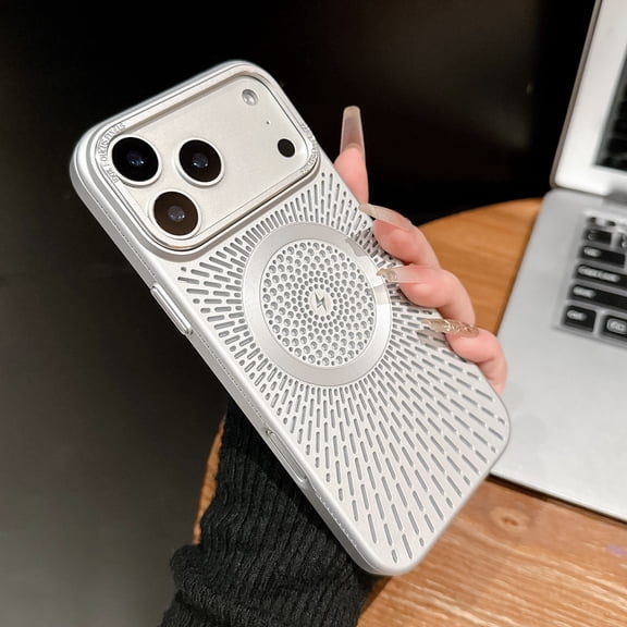 Breathable Cooling Magnetic Case Compatible with iPhone 17 Pro Max, Hollow Out Mesh Design for Heat Dissipation, Slim Electroplated Luxury Cover, Strong Magnet Support Wireless Charging,Silver