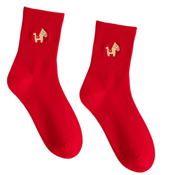 Breathable Cotton Anniversary Red Ankle Socks with Horse Embroidery Chinese Zodiacs Year Middle Calf Socks for Women