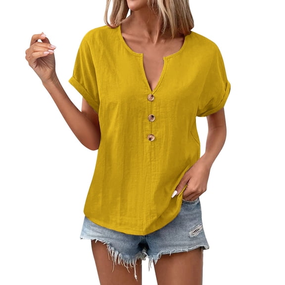 Breathable Cotton Blend Shirt Dress Office-To-Weekend Loose Fit Tunic with Roll-Up Sleeves, Capsule Wardrobe Staple for Spring Summer Layering, Yellow Womens Short Sleeve Tops V Neck Casual Loose