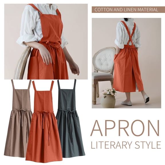 Breathable Cotton Linen Kitchen Apron in Aesthetic Japanese Style,Minimalist Bib Apron with Pockets for Cooking,Baking,and Florist Tasks