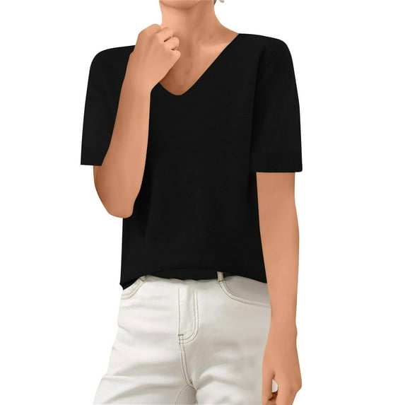 Breathable Cotton Summer Sweater Women's Short Sleeve V-Neck Pullover Soft Lightweight Knit Blouse for Travel & Lounging Black S