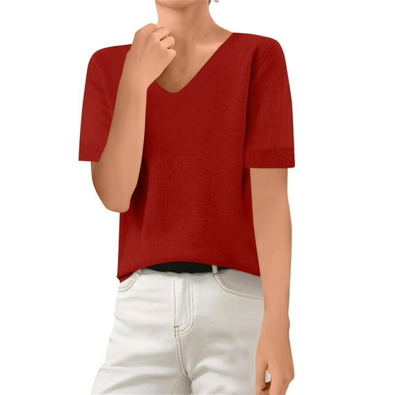 Breathable Cotton Summer Sweater Women's Short Sleeve V-Neck Pullover Soft Lightweight Knit Blouse for Travel & Lounging Red L