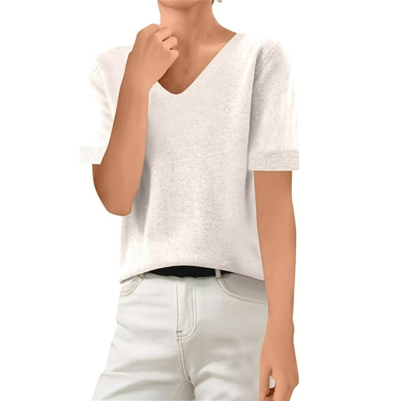 Breathable Cotton Summer Sweater Women's Short Sleeve V-Neck Pullover Soft Lightweight Knit Blouse for Travel & Lounging White S