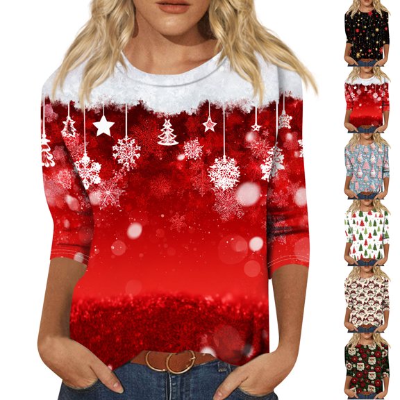 Breathable Crew Neck 3/4 Sleeve T Shirt For Women Christmas Festive Graphic Top XL