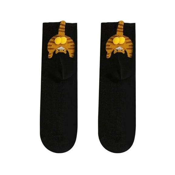 Breathable Crew Socks With Funny Cartoon Cats Graphics Fuzzy Balls-Womens C59C