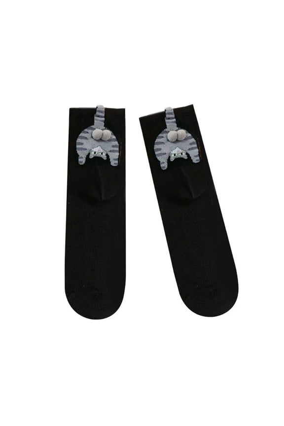 Breathable Crew Socks With Funny Cartoon Cats Graphics Fuzzy Balls-Womens